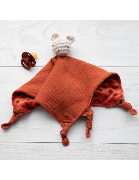 Doudou en double gaze et minkee terracotta