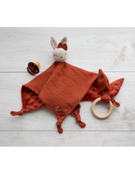 Doudou en double gaze et minkee terracotta