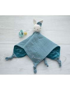 Doudou en double gaze et minkee bleu canard 2