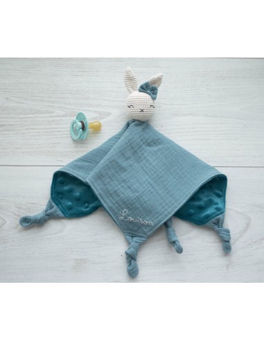 Doudou en double gaze et minkee bleu canard