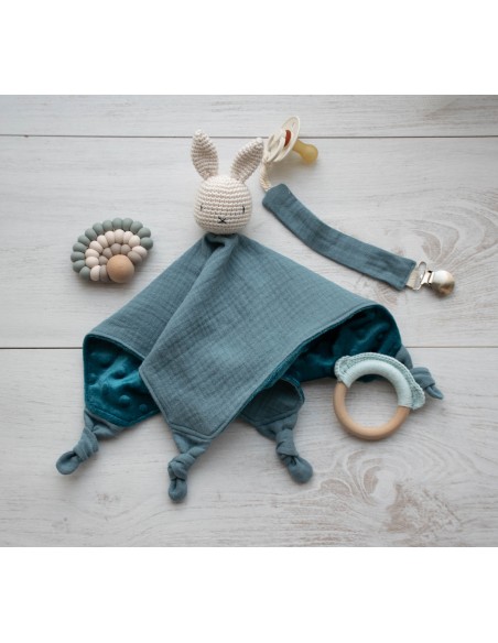 Doudou en double gaze et minkee bleu canard