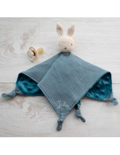 Doudou en double gaze et minkee bleu canard