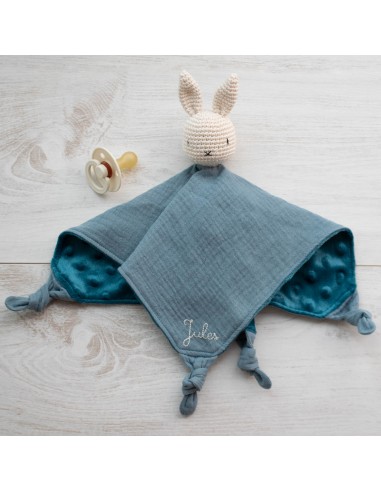 Doudou en double gaze et minkee bleu canard