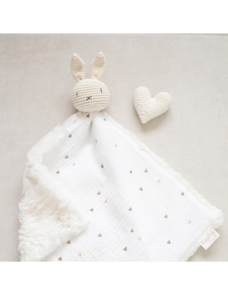 Doudou en double gaze et fourrure Petits Cœurs